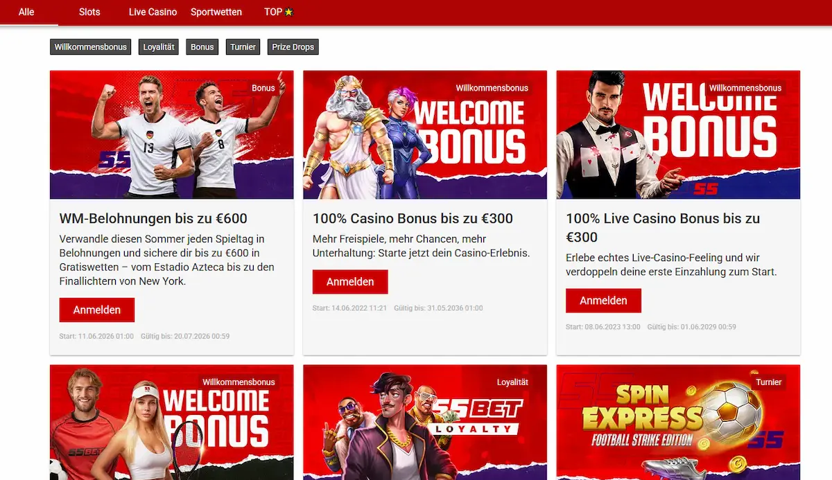 55bet Bonus mit Promo Code 55BET100 für den Slots-Willkommensbonus